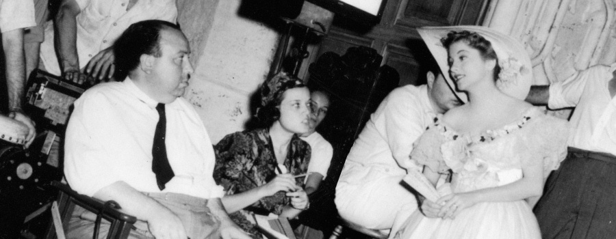 Hitchcock and Joan Fontaine on the set of "Rebecca"