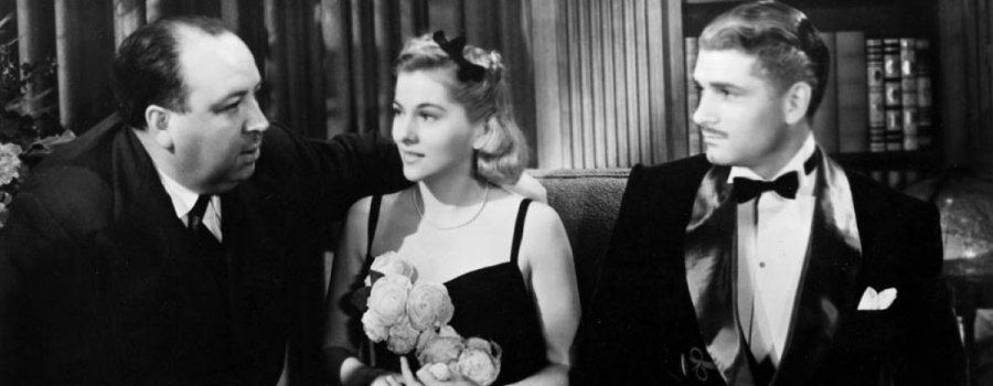 Hitchcock, Joan Fontaine and Laurence Olivier on the set of "Rebecca"