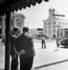 Shadow of a Doubt (1943) - on location - Publicity photograph for ''Shadow of a Doubt'' of Thornton Wilder and Hitchcock standing in Courthouse Square, Santa Rosa.