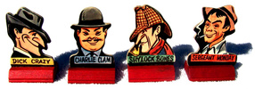 Alfred Hitchcock ''Why'' board game - The four player characters from the Alfred Hitchcock ''Why'' board game.