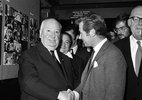 Alfred Hitchcock (1969) - Photograph of Alfred Hitchcock with Bryan Forbes at the National Film Theatre, London, in October 1969, where he was promoting ''Topaz''.