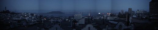 Vertigo (1958) - film frames - Film frames panorama of the opening rooftop chase in ''Vertigo'' filmed on Taylor Street. At the far left is Coit Tower and at the far right are the Brocklebank Apartments.